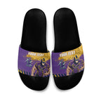 Personalised Melbourne Storm Rugby Slide Sandals Superhero Purple Storm Mascot - Sporty Splash Art Style