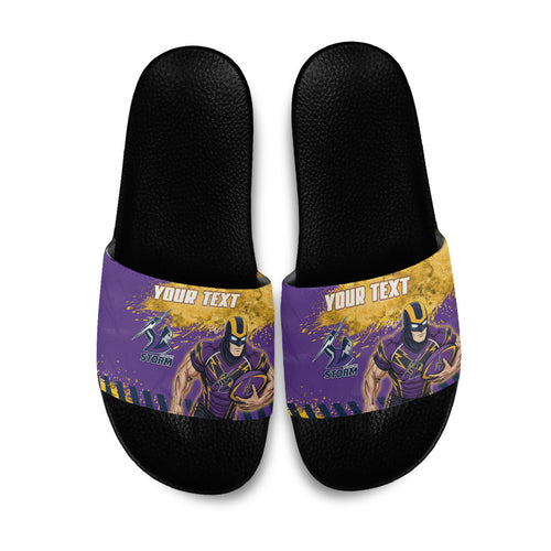 Personalised Melbourne Storm Rugby Slide Sandals Superhero Purple Storm Mascot - Sporty Splash Art Style