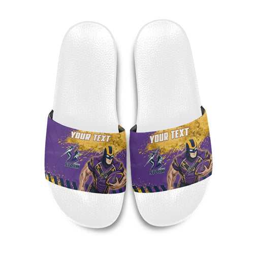 Personalised Melbourne Storm Rugby Slide Sandals Superhero Purple Storm Mascot - Sporty Splash Art Style