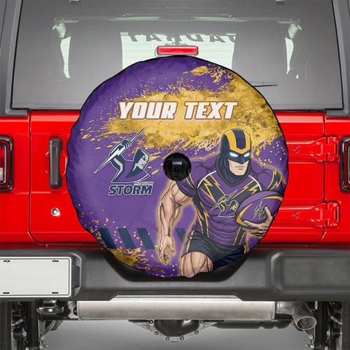 Personalised Melbourne Storm Rugby Spare Tire Cover Superhero Purple Storm Mascot - Sporty Splash Art Style