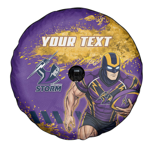 Personalised Melbourne Storm Rugby Spare Tire Cover Superhero Purple Storm Mascot - Sporty Splash Art Style