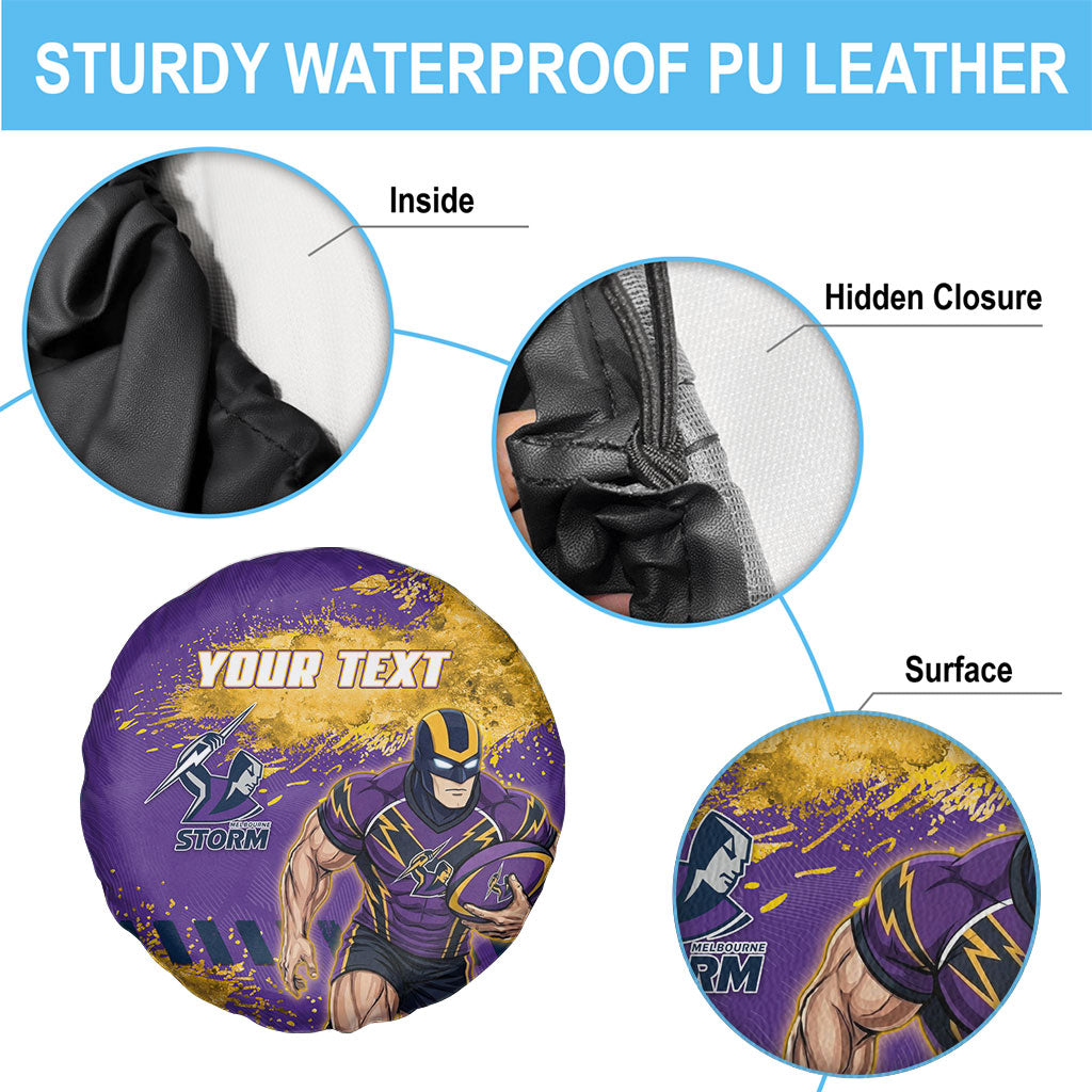 Personalised Melbourne Storm Rugby Spare Tire Cover Superhero Purple Storm Mascot - Sporty Splash Art Style