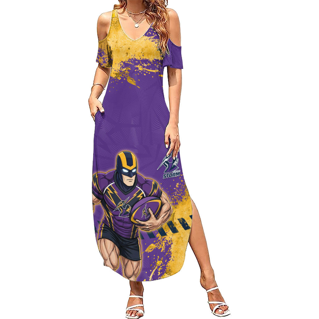 Personalised Melbourne Storm Rugby Summer Maxi Dress Superhero Purple Storm Mascot - Sporty Splash Art Style