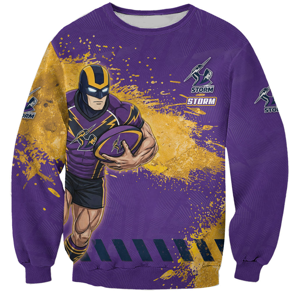 Personalised Melbourne Storm Rugby Sweatshirt Superhero Purple Storm Mascot - Sporty Splash Art Style