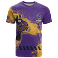 Personalised Melbourne Storm Rugby T Shirt Superhero Purple Storm Mascot - Sporty Splash Art Style