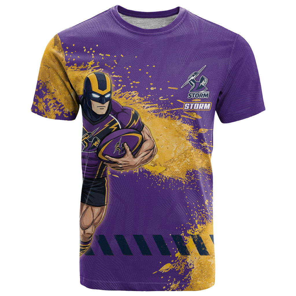 Personalised Melbourne Storm Rugby T Shirt Superhero Purple Storm Mascot - Sporty Splash Art Style
