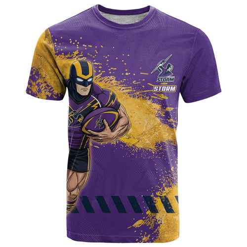 Personalised Melbourne Storm Rugby T Shirt Superhero Purple Storm Mascot - Sporty Splash Art Style