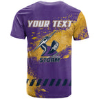 Personalised Melbourne Storm Rugby T Shirt Superhero Purple Storm Mascot - Sporty Splash Art Style