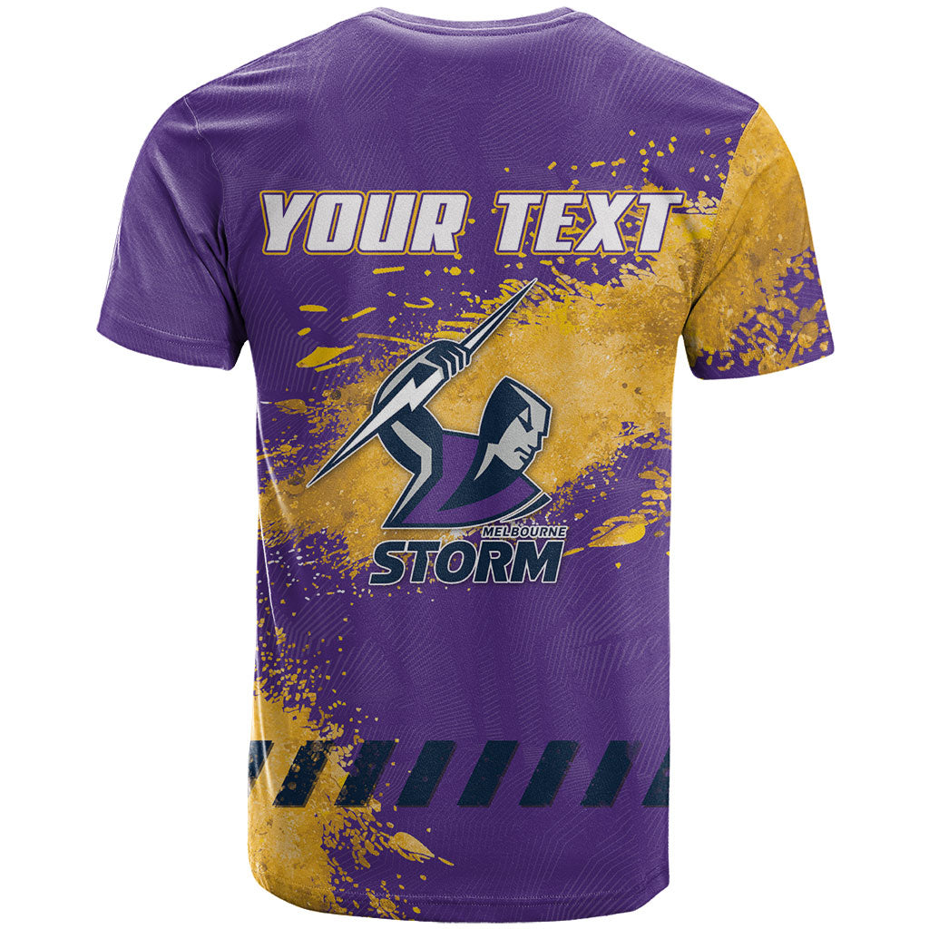 Personalised Melbourne Storm Rugby T Shirt Superhero Purple Storm Mascot - Sporty Splash Art Style