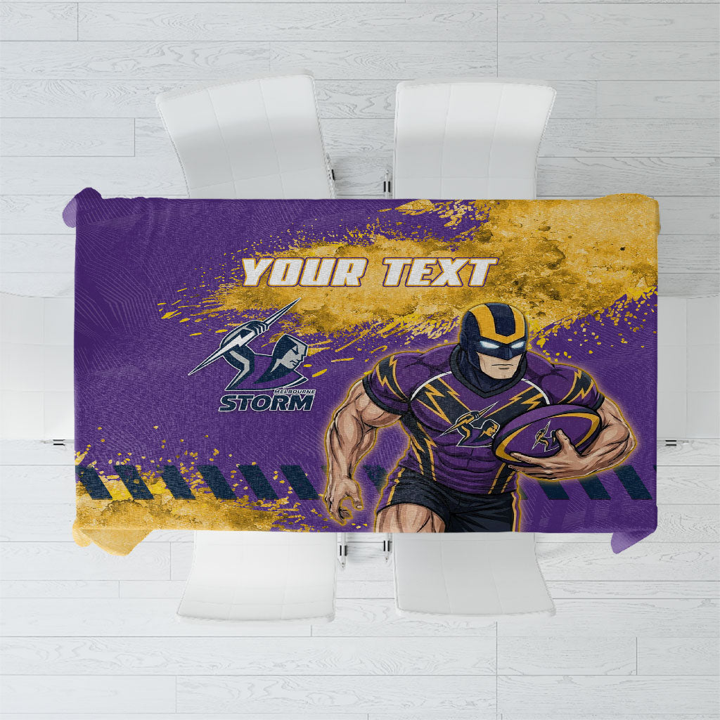 Personalised Melbourne Storm Rugby Tablecloth Superhero Purple Storm Mascot - Sporty Splash Art Style