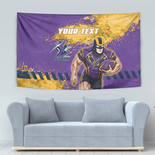 Personalised Melbourne Storm Rugby Tapestry Superhero Purple Storm Mascot - Sporty Splash Art Style