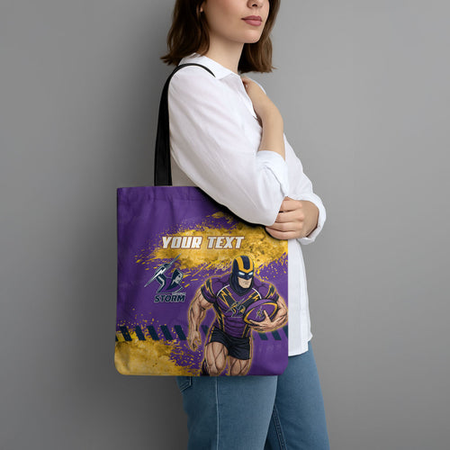 Personalised Melbourne Storm Rugby Tote Bag Superhero Purple Storm Mascot - Sporty Splash Art Style