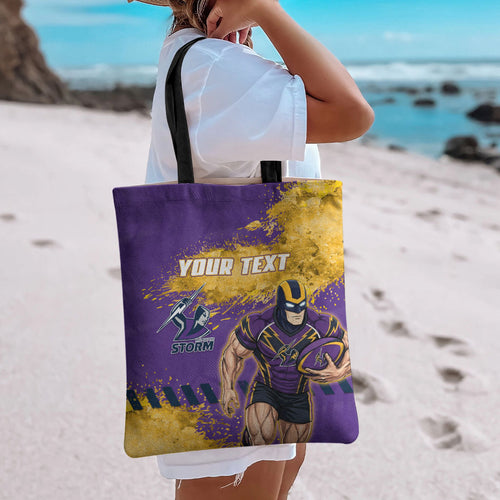 Personalised Melbourne Storm Rugby Tote Bag Superhero Purple Storm Mascot - Sporty Splash Art Style