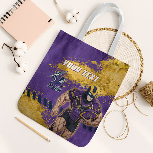 Personalised Melbourne Storm Rugby Tote Bag Superhero Purple Storm Mascot - Sporty Splash Art Style