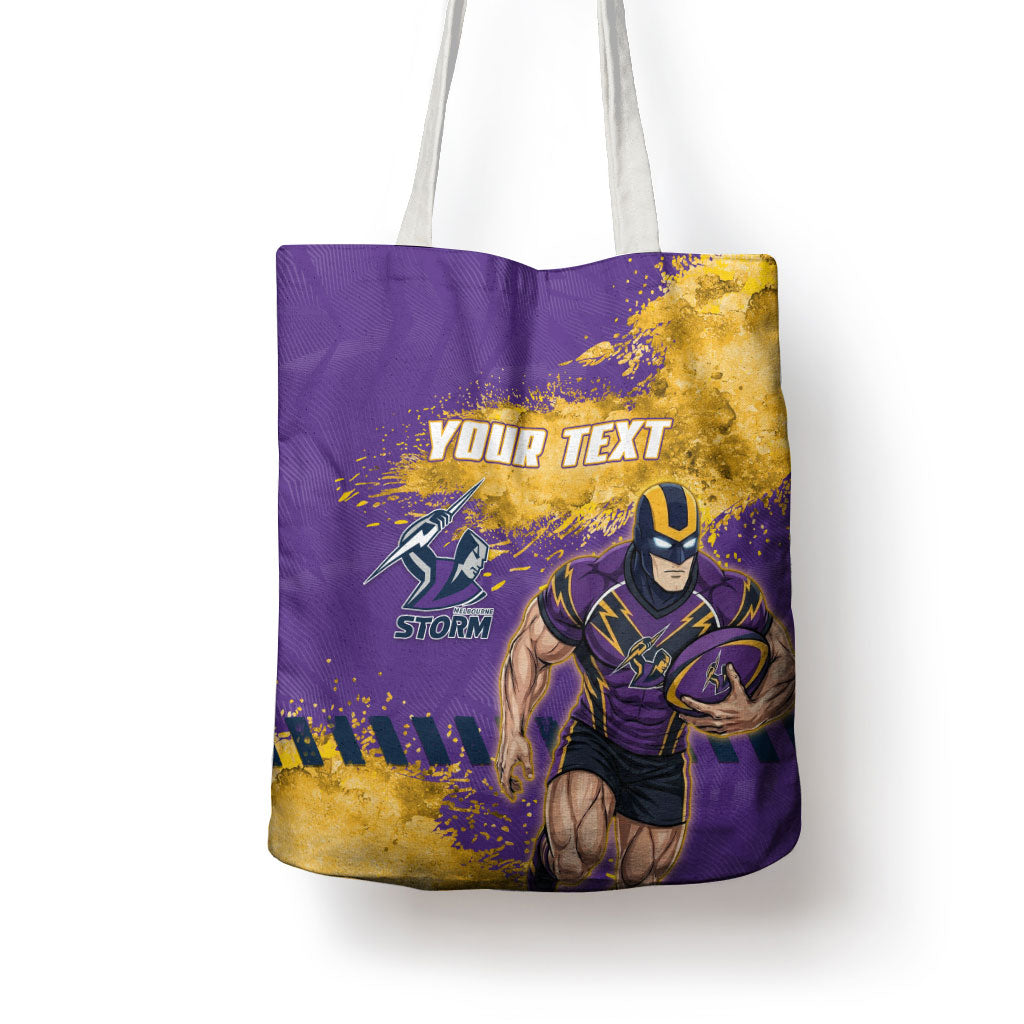 Personalised Melbourne Storm Rugby Tote Bag Superhero Purple Storm Mascot - Sporty Splash Art Style