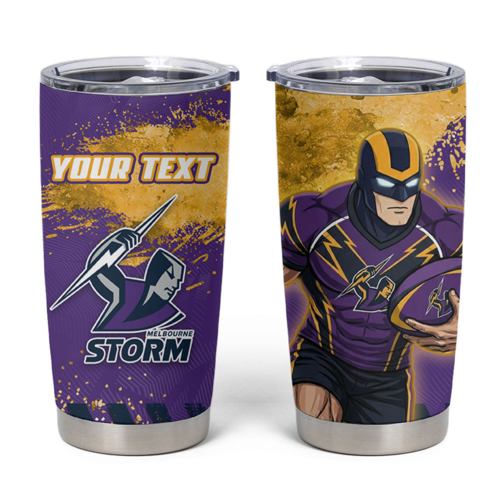 Personalised Melbourne Storm Rugby Tumbler Cup Superhero Purple Storm Mascot - Sporty Splash Art Style
