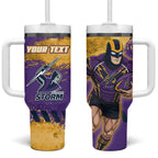 Personalised Melbourne Storm Rugby Tumbler With Handle Superhero Purple Storm Mascot - Sporty Splash Art Style