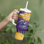 Personalised Melbourne Storm Rugby Tumbler With Handle Superhero Purple Storm Mascot - Sporty Splash Art Style