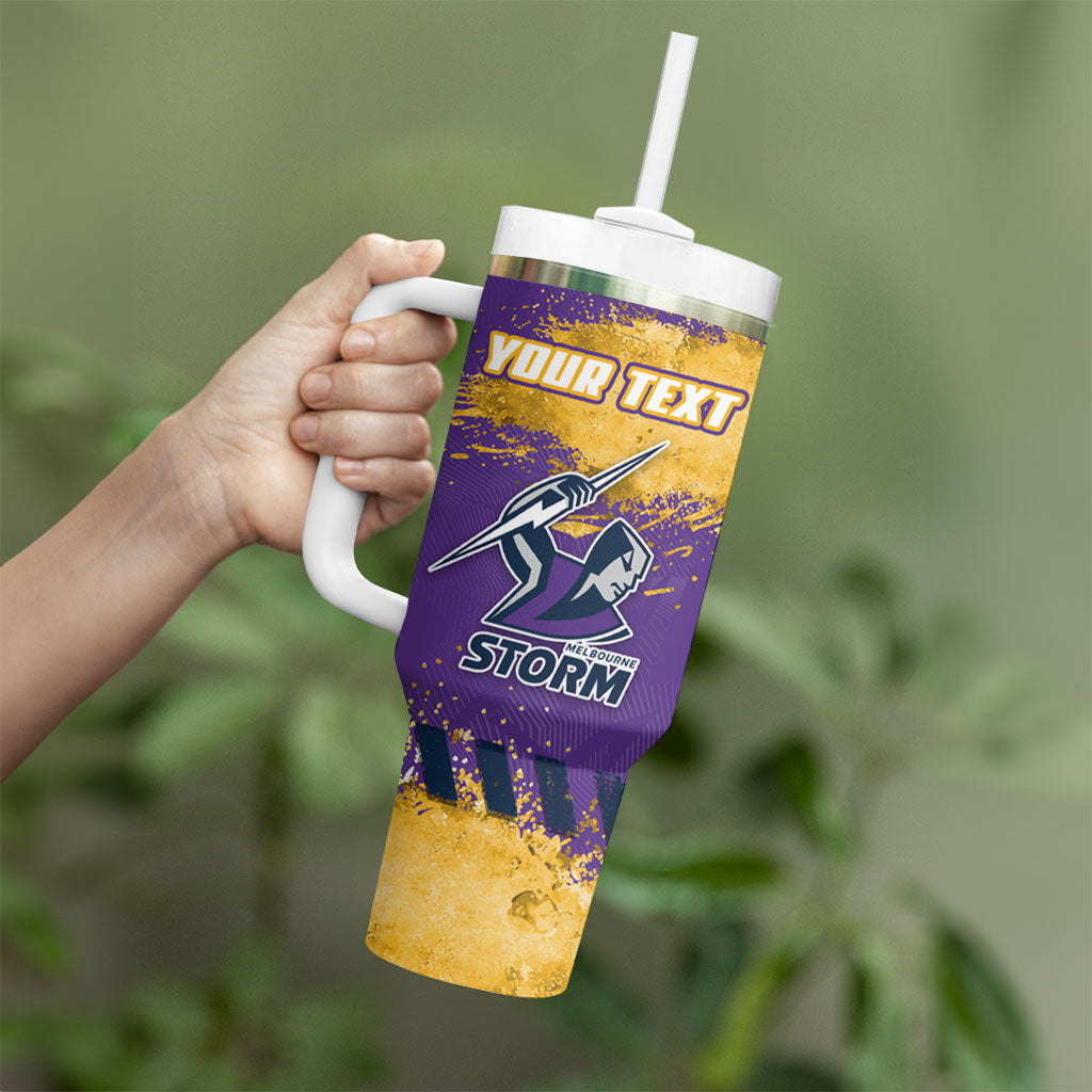 Personalised Melbourne Storm Rugby Tumbler With Handle Superhero Purple Storm Mascot - Sporty Splash Art Style