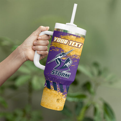 Personalised Melbourne Storm Rugby Tumbler With Handle Superhero Purple Storm Mascot - Sporty Splash Art Style