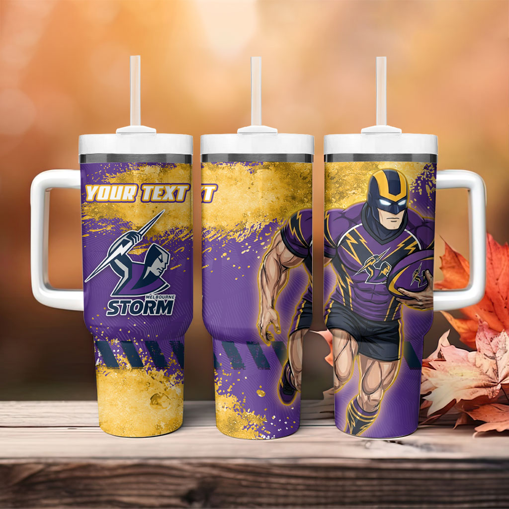Personalised Melbourne Storm Rugby Tumbler With Handle Superhero Purple Storm Mascot - Sporty Splash Art Style