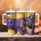 Personalised Melbourne Storm Rugby Tumbler With Handle Superhero Purple Storm Mascot - Sporty Splash Art Style