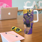 Personalised Melbourne Storm Rugby Tumbler With Handle Superhero Purple Storm Mascot - Sporty Splash Art Style