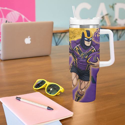 Personalised Melbourne Storm Rugby Tumbler With Handle Superhero Purple Storm Mascot - Sporty Splash Art Style