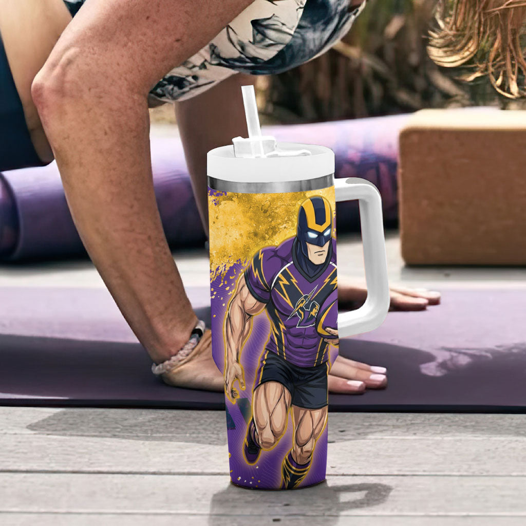 Personalised Melbourne Storm Rugby Tumbler With Handle Superhero Purple Storm Mascot - Sporty Splash Art Style