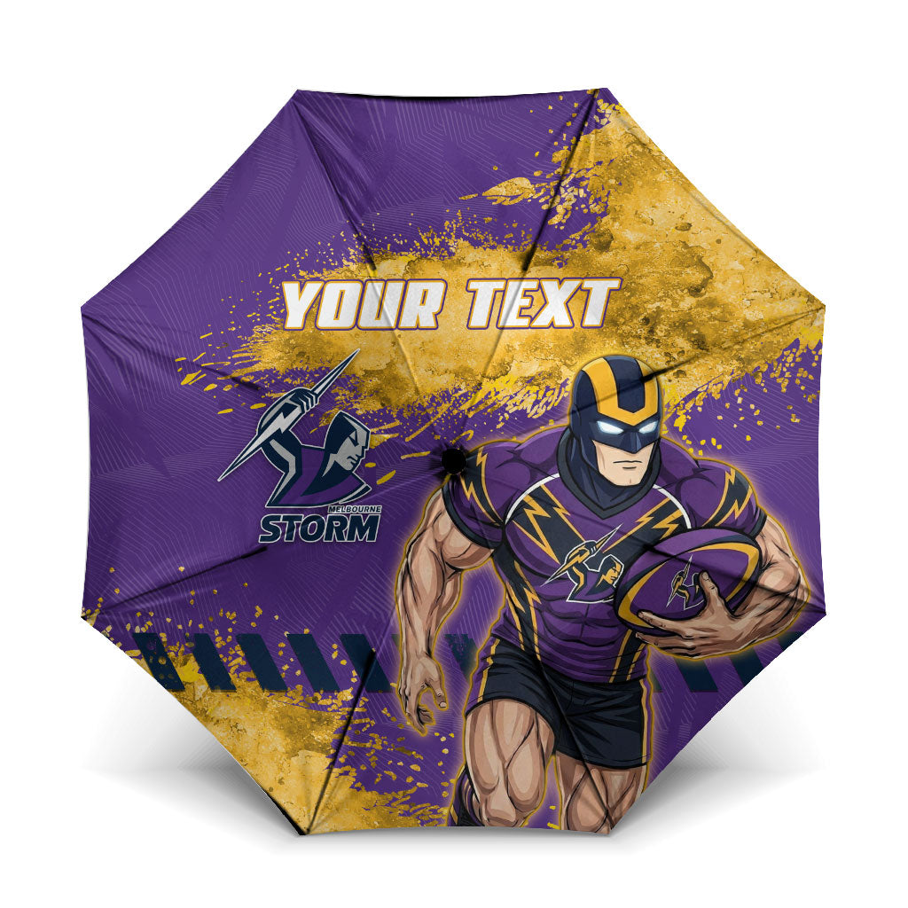 Personalised Melbourne Storm Rugby Umbrella Superhero Purple Storm Mascot - Sporty Splash Art Style