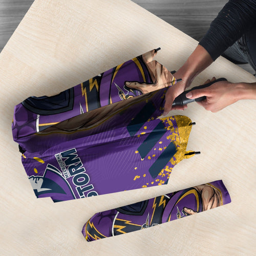 Personalised Melbourne Storm Rugby Umbrella Superhero Purple Storm Mascot - Sporty Splash Art Style