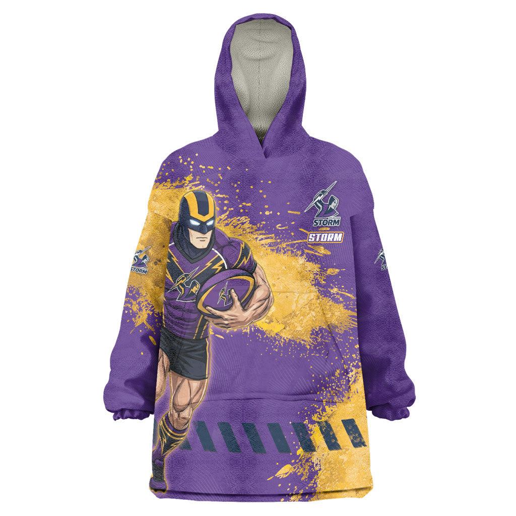 Personalised Melbourne Storm Rugby Wearable Blanket Hoodie Superhero Purple Storm Mascot - Sporty Splash Art Style
