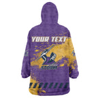 Personalised Melbourne Storm Rugby Wearable Blanket Hoodie Superhero Purple Storm Mascot - Sporty Splash Art Style