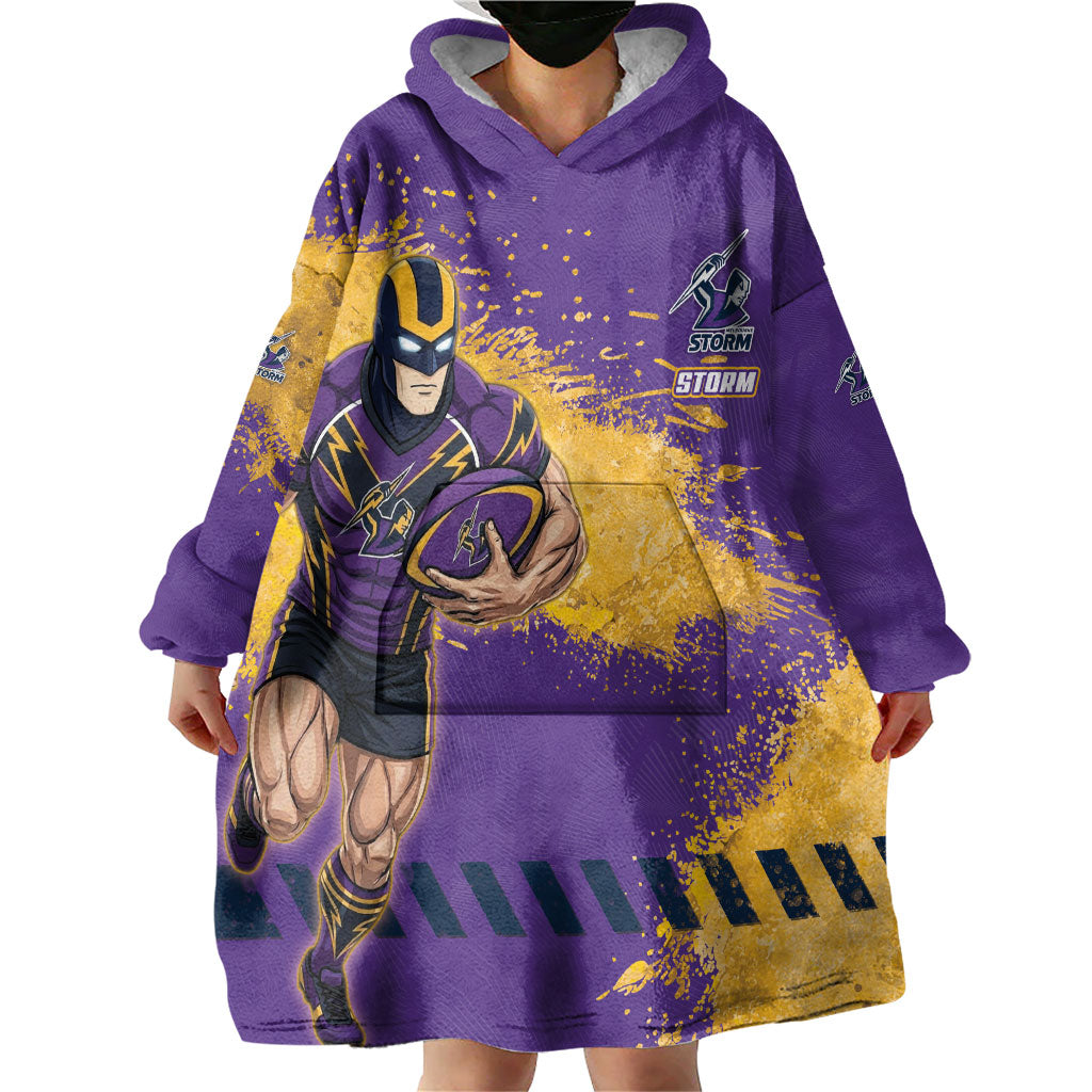 Personalised Melbourne Storm Rugby Wearable Blanket Hoodie Superhero Purple Storm Mascot - Sporty Splash Art Style
