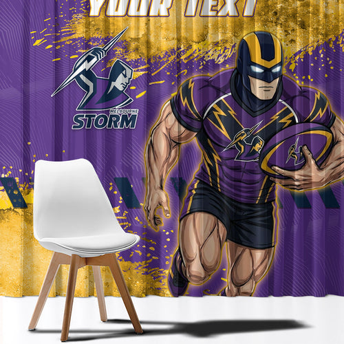 Personalised Melbourne Storm Rugby Window Curtain Superhero Purple Storm Mascot - Sporty Splash Art Style