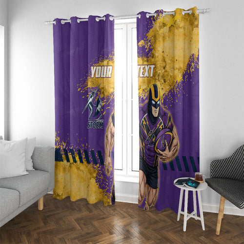 Personalised Melbourne Storm Rugby Window Curtain Superhero Purple Storm Mascot - Sporty Splash Art Style