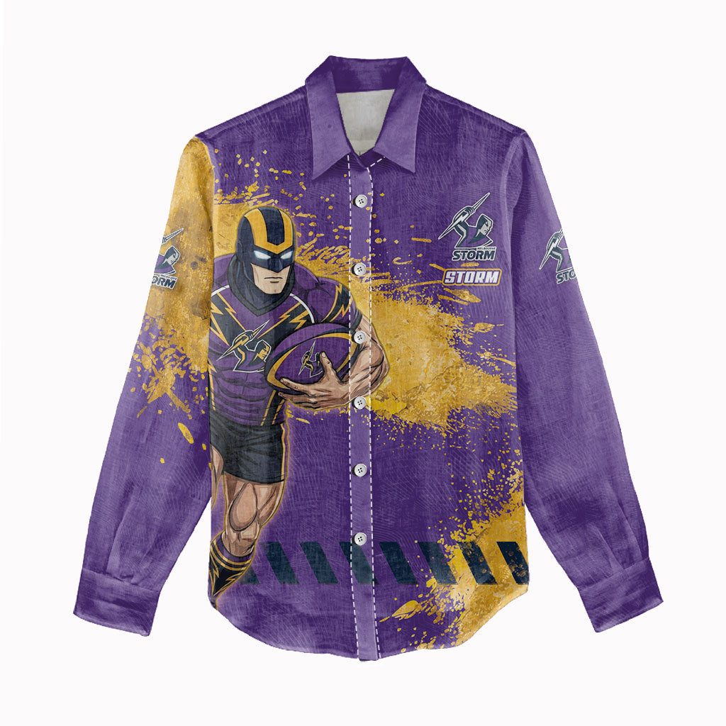 Personalised Melbourne Storm Rugby Women Casual Shirt Superhero Purple Storm Mascot - Sporty Splash Art Style