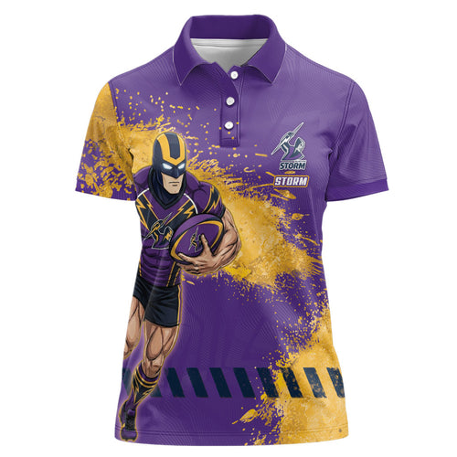 Personalised Melbourne Storm Rugby Women Polo Shirt Superhero Purple Storm Mascot - Sporty Splash Art Style