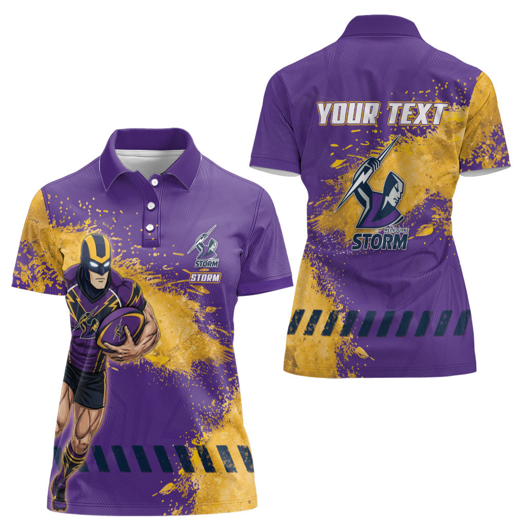 Personalised Melbourne Storm Rugby Women Polo Shirt Superhero Purple Storm Mascot - Sporty Splash Art Style