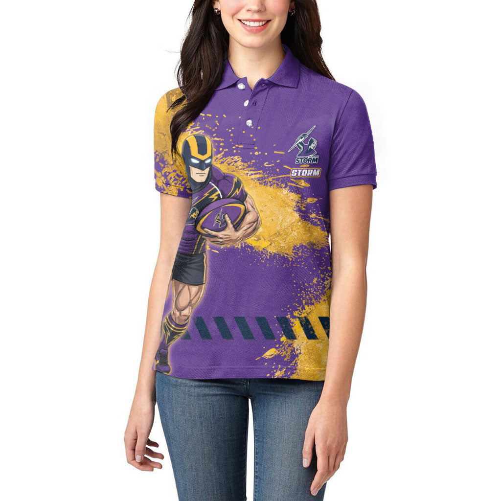 Personalised Melbourne Storm Rugby Women Polo Shirt Superhero Purple Storm Mascot - Sporty Splash Art Style
