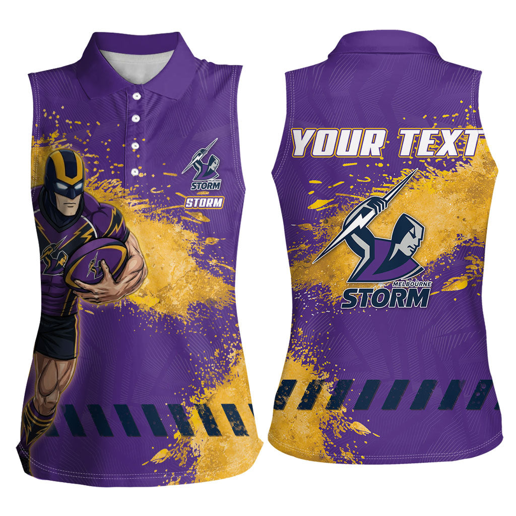 Personalised Melbourne Storm Rugby Women Sleeveless Polo Shirt Superhero Purple Storm Mascot - Sporty Splash Art Style