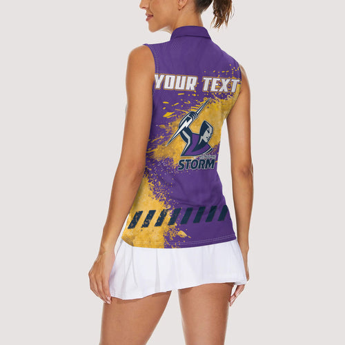 Personalised Melbourne Storm Rugby Women Sleeveless Polo Shirt Superhero Purple Storm Mascot - Sporty Splash Art Style