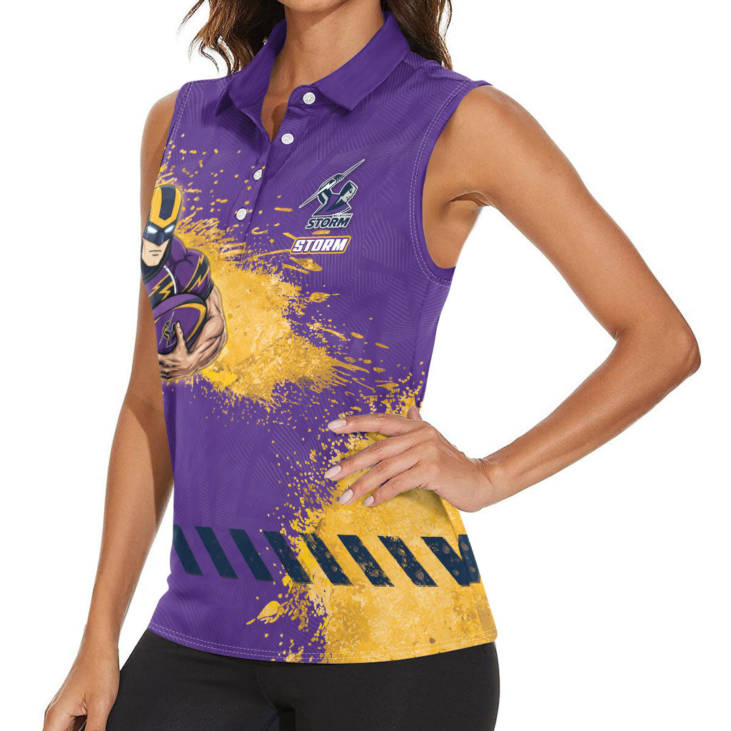Personalised Melbourne Storm Rugby Women Sleeveless Polo Shirt Superhero Purple Storm Mascot - Sporty Splash Art Style