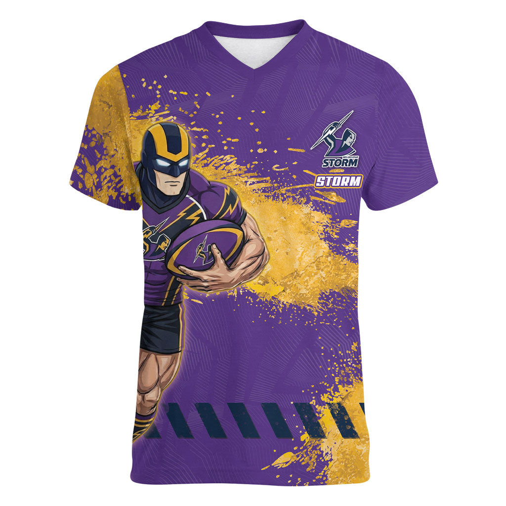 Personalised Melbourne Storm Rugby Women V-Neck T-Shirt Superhero Purple Storm Mascot - Sporty Splash Art Style