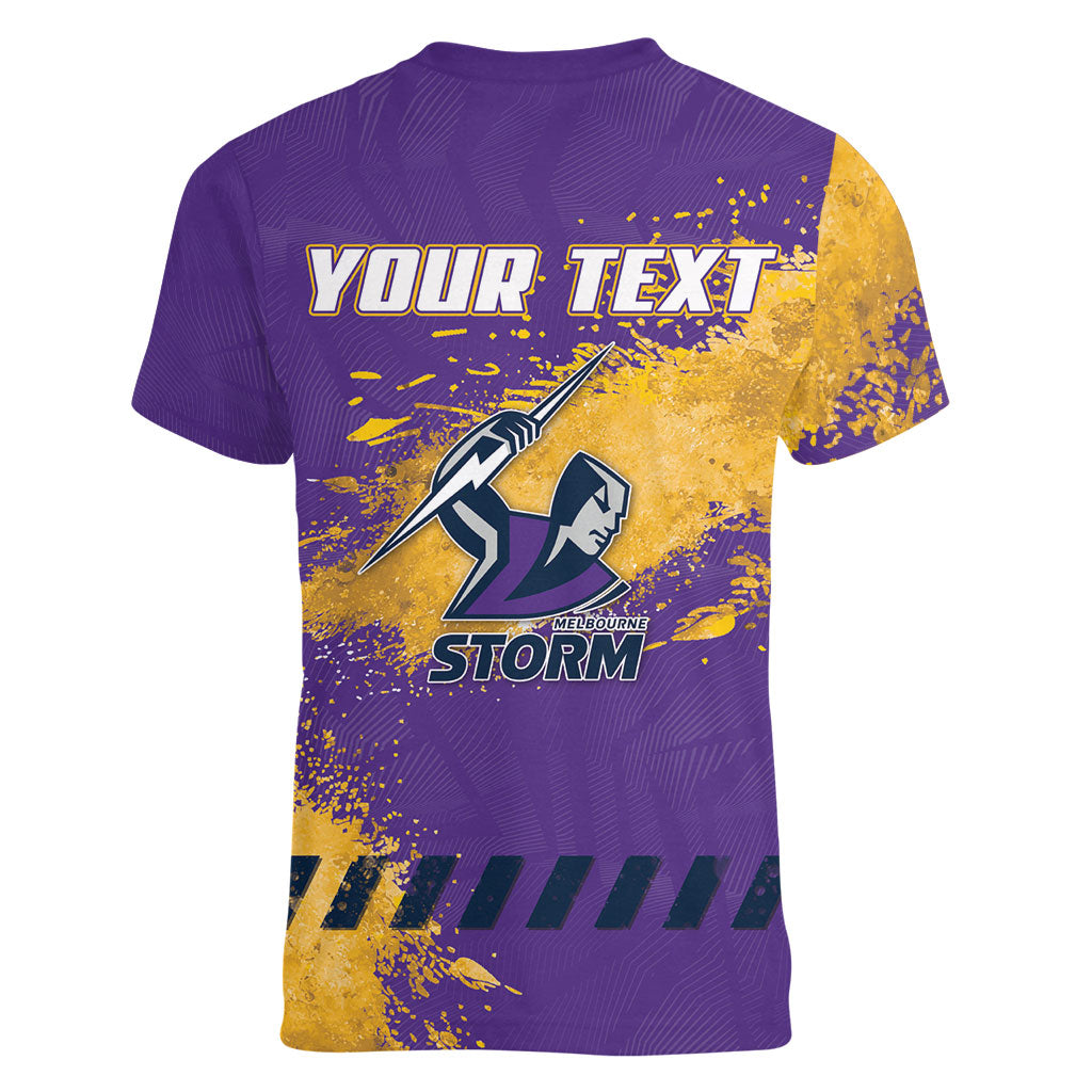 Personalised Melbourne Storm Rugby Women V-Neck T-Shirt Superhero Purple Storm Mascot - Sporty Splash Art Style