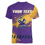 Personalised Melbourne Storm Rugby Women V-Neck T-Shirt Superhero Purple Storm Mascot - Sporty Splash Art Style
