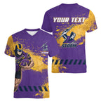 Personalised Melbourne Storm Rugby Women V-Neck T-Shirt Superhero Purple Storm Mascot - Sporty Splash Art Style