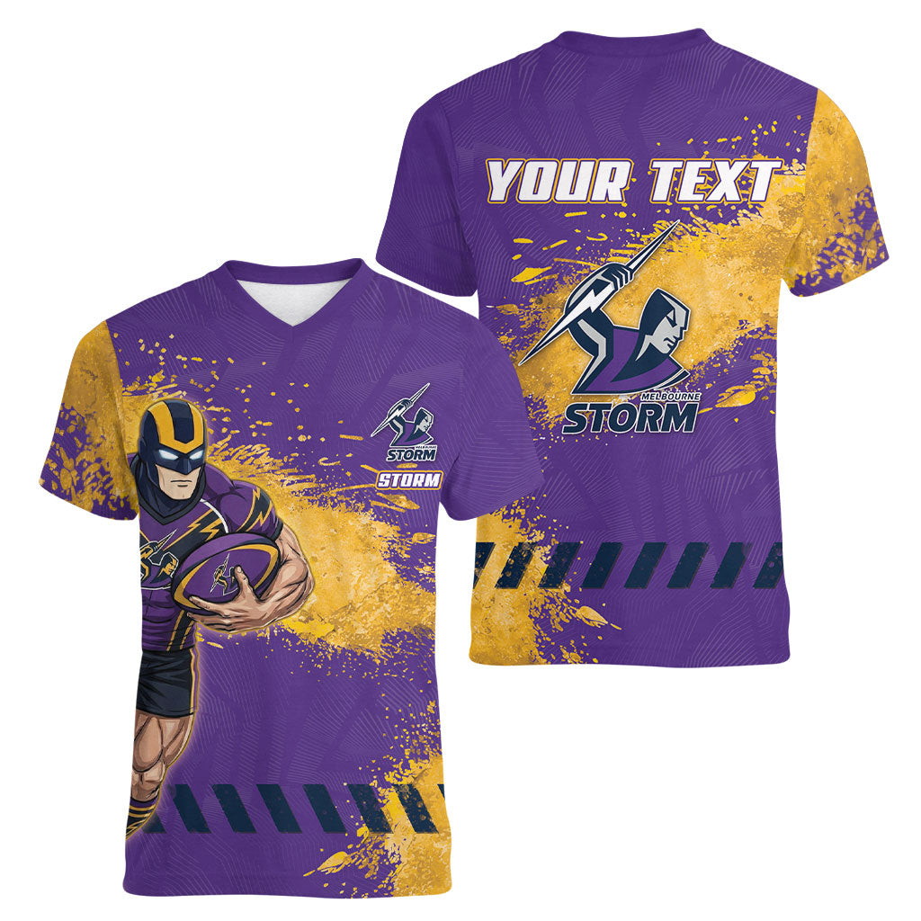 Personalised Melbourne Storm Rugby Women V-Neck T-Shirt Superhero Purple Storm Mascot - Sporty Splash Art Style