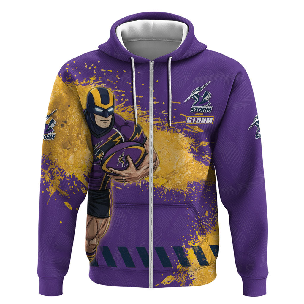 Personalised Melbourne Storm Rugby Zip Hoodie Superhero Purple Storm Mascot - Sporty Splash Art Style
