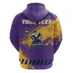 Personalised Melbourne Storm Rugby Zip Hoodie Superhero Purple Storm Mascot - Sporty Splash Art Style